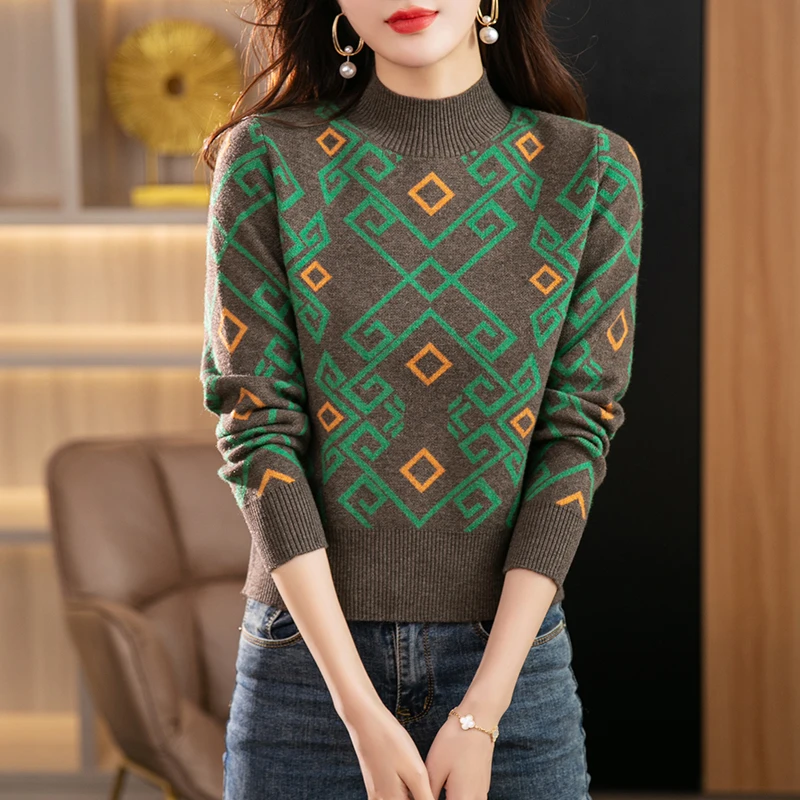 冬季新半高领针织毛衫女宽松洋气中年优雅套头百搭打底衫提花毛衣