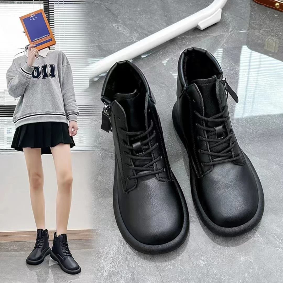 2024秋冬新款短靴复古英伦风靴子显高马丁靴软皮软底时尚百搭圆头