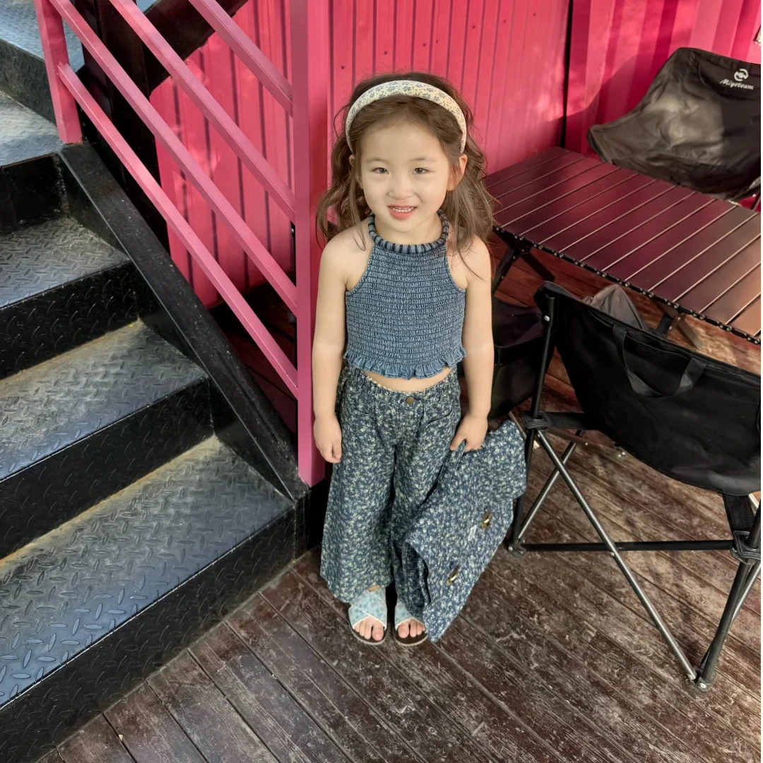 【现货】壹妈韩版童装女童夏季套装洋气儿童挂脖吊带背心上衣碎花裤