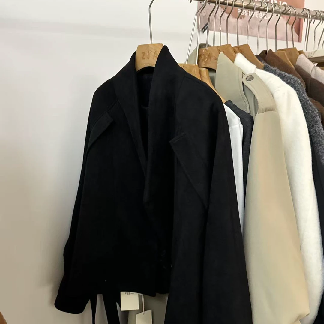 99831黑骑士！高级感小立领腰带仿麂皮绒外套