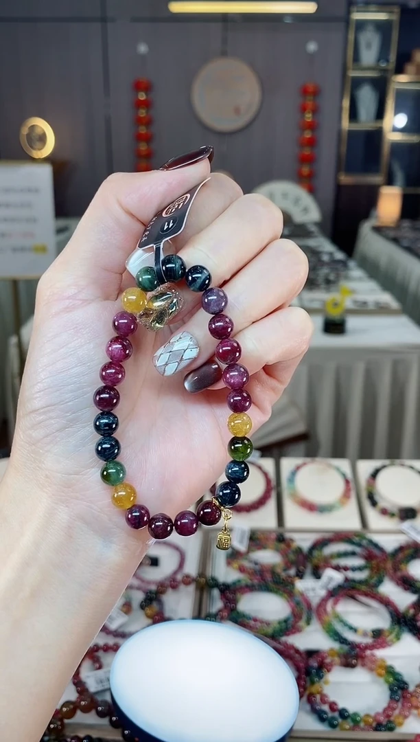 未镶嵌老矿碧玺色标彩虹单圈手串7mm+碧玺dan多样性发货一条
