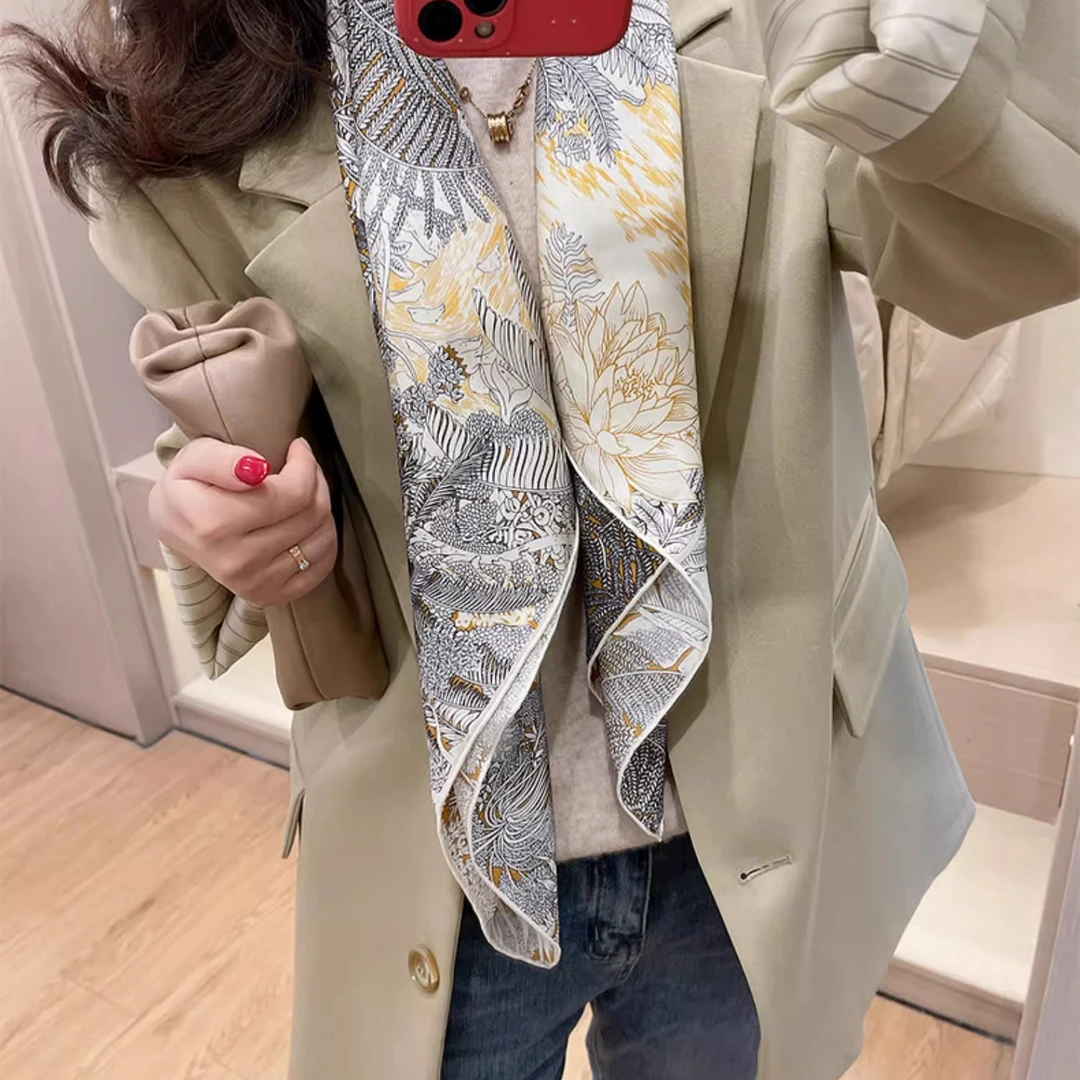 Qiantang Story/钱塘故事90方巾-杏色雨林丝巾围巾，88*88cm