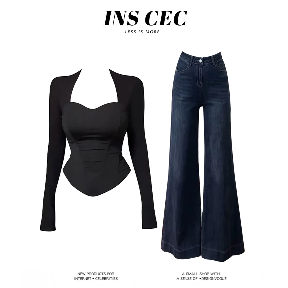 【同款性价比】黑色鱼骨坎肩长袖显瘦辣妹上衣高腰修身微喇牛仔裤子