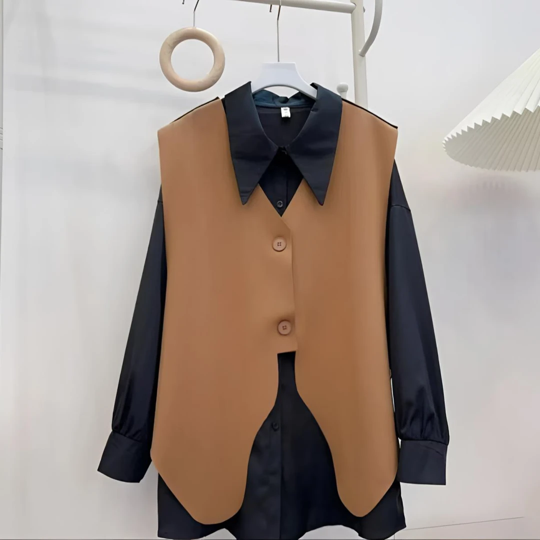 2025新款百搭洋气显瘦不规则衬衫马甲两件套