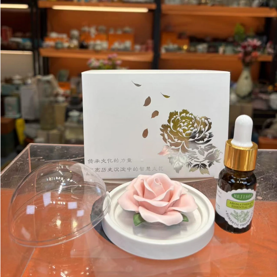 友名陶瓷  粉色捏花陶瓷玫瑰花茶宠摆件-5437