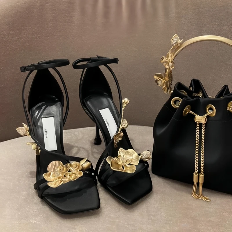 JC2024夏新款金色花朵凉鞋女性感细跟方头浅口露趾绑带黑色高跟鞋