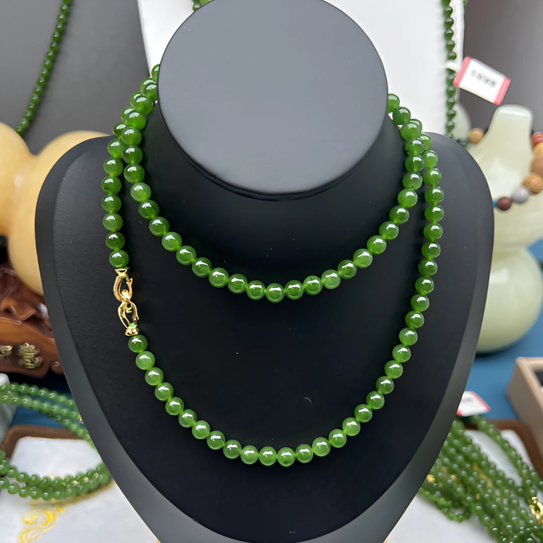 【惠帆珠宝】和田玉碧玉卡6mm 辣阳绿108颗 微黑长链 素款时尚精美