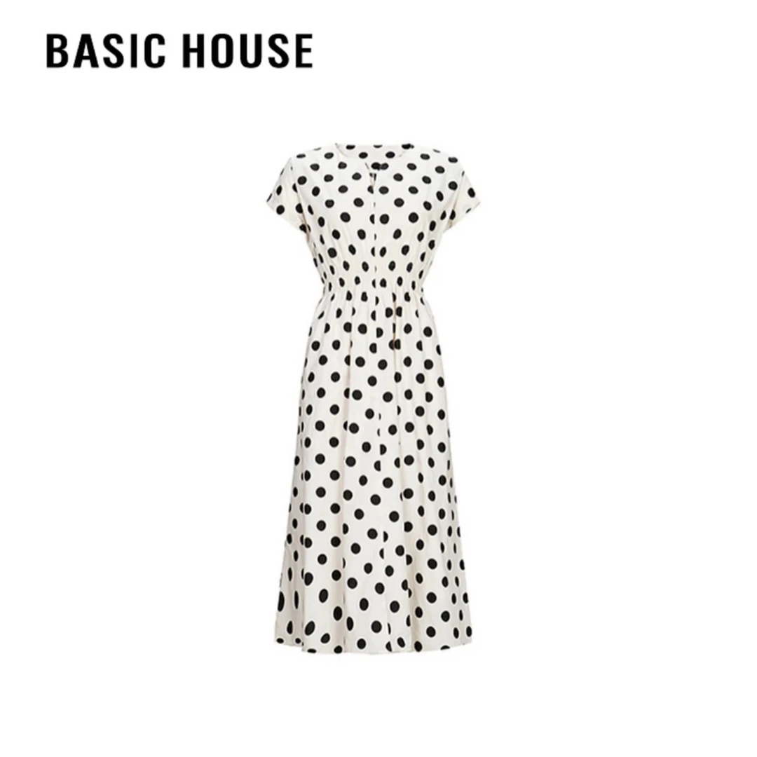Basic House/百家好CSM法式V领收腰波点女装连衣裙气质显瘦4522