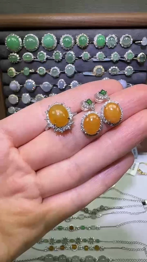 银S925镶嵌戒指翡翠套装46