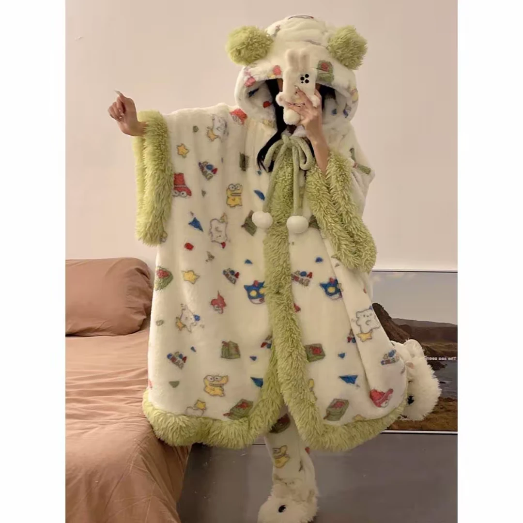 【蜡笔】冬款斗篷带袖子毛绒加厚睡衣可外穿韩版网红时尚宽松显瘦