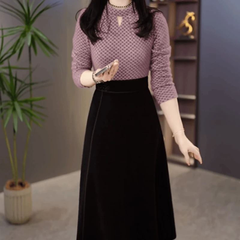 B844【连衣裙】2025冬季新款加绒加厚时尚优雅拼色气质显瘦连衣裙