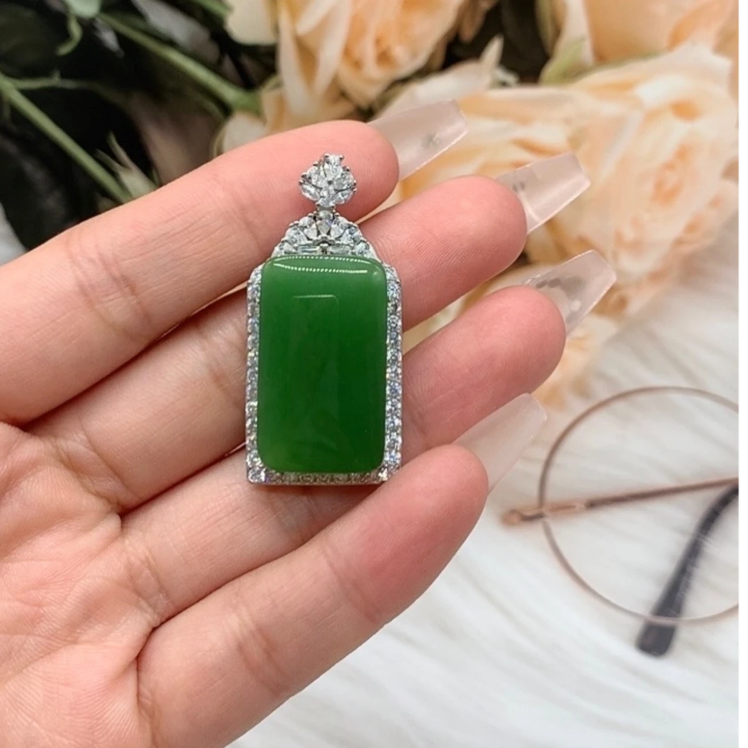 和田玉碧玉925银镶无事牌吊坠