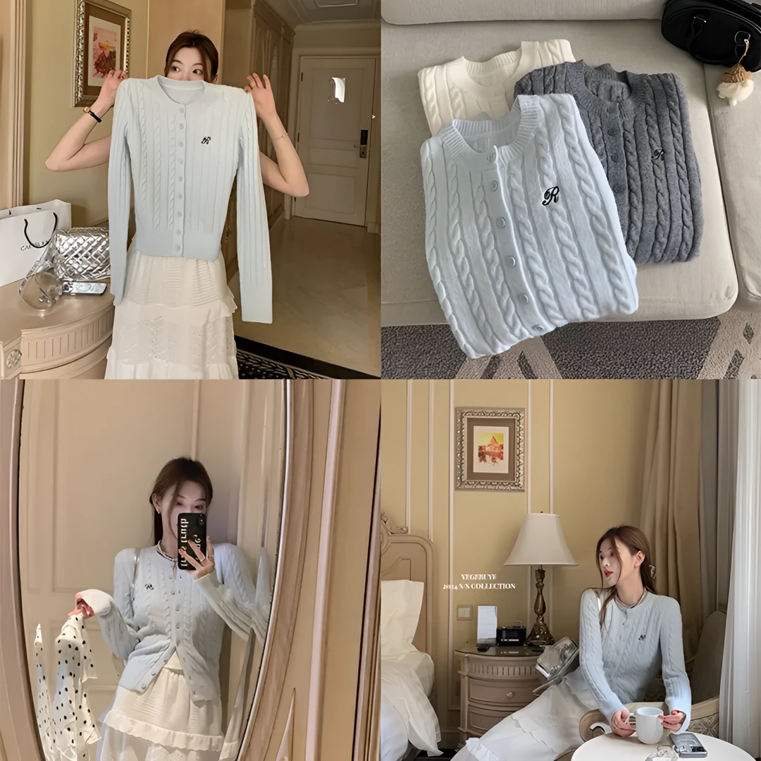 圆领复古麻花R字母针织开衫设计感显瘦学院风百搭毛衣外套上衣女