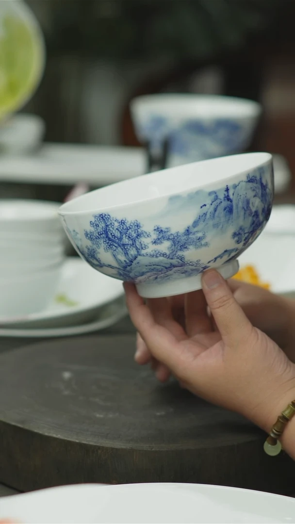 碗手绘清华山水画米饭碗陶瓷