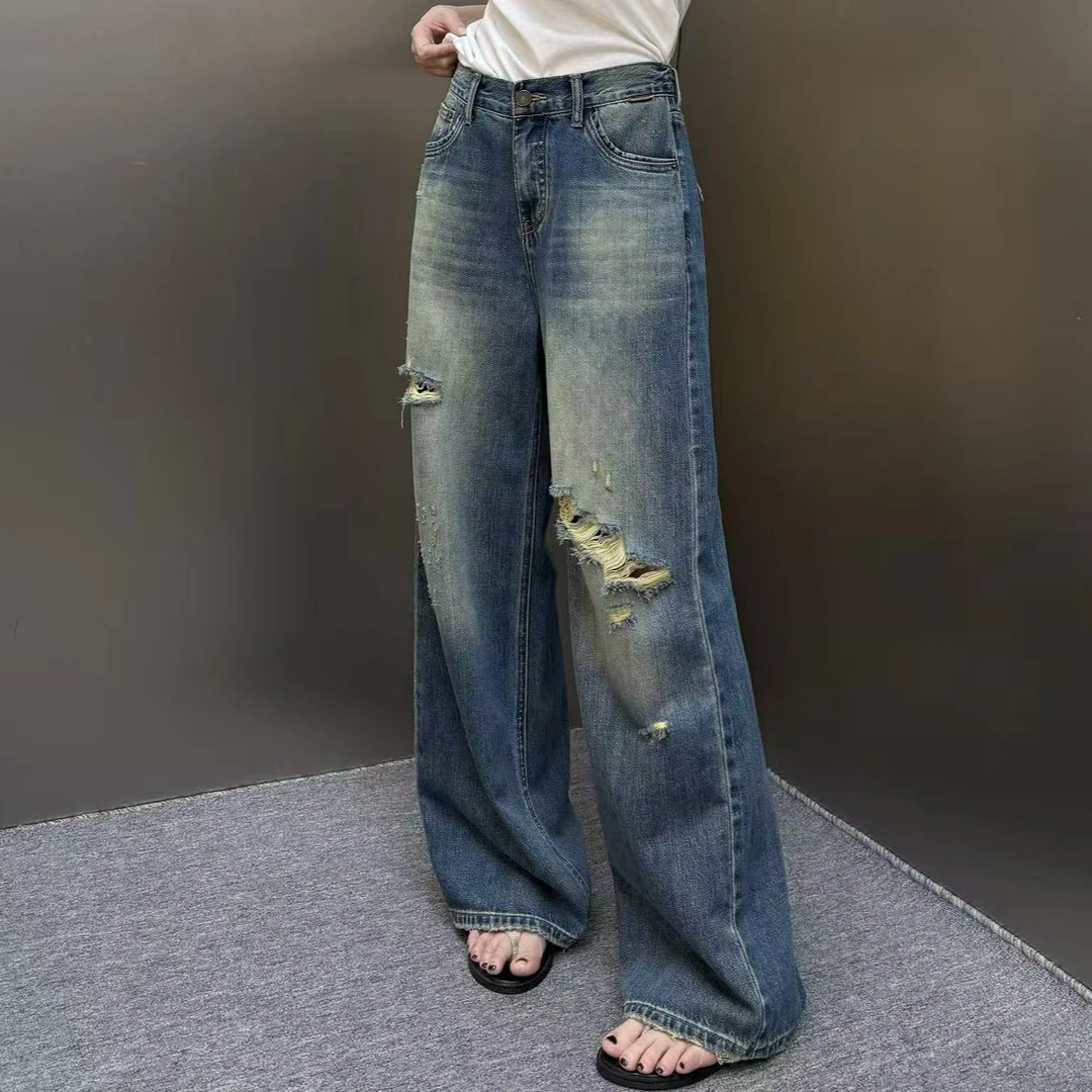 【裤博汇】79302抹茶蓝后腰头弹力半橡筋拖地裤夏季高腰牛仔直筒裤