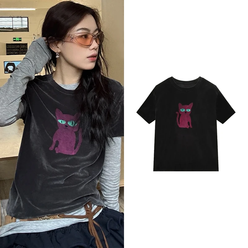 【T恤】复古时髦小众设计减龄显瘦短袖夏季新款百搭圆领上衣Z5847