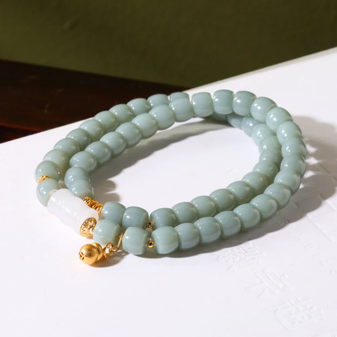 【意婵】《千棠雪》天然高瓷蓝碧玉粉青双圈18k金羊脂白玉-912342