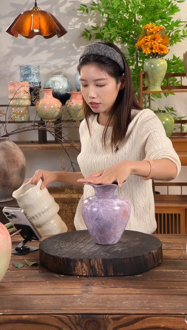 紫梦星河-小号花瓣瓶】紫粉色无孔陶瓷花瓶干花鲜花客厅插花摆件