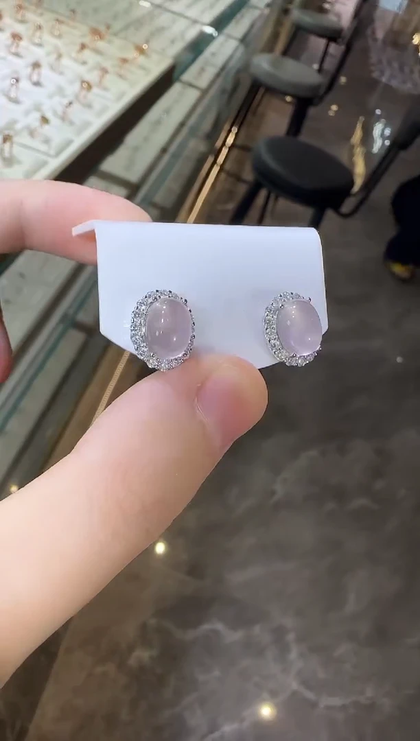 银S925镶嵌耳饰芙蓉石10*8mm星光粉水晶耳钉