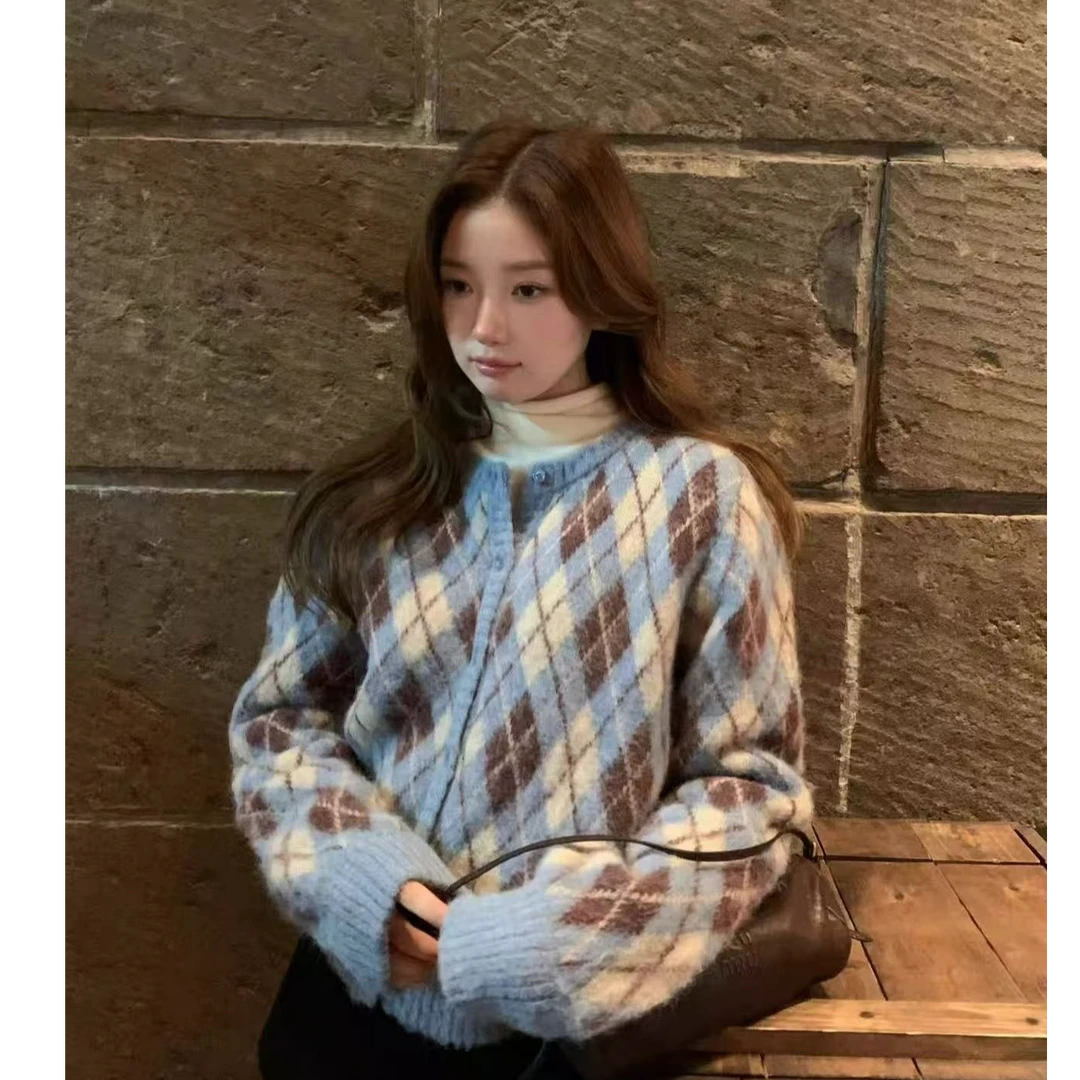 【运费补贴】蓝色菱格显瘦百搭毛衣开衫秋冬宽松针织衫女
