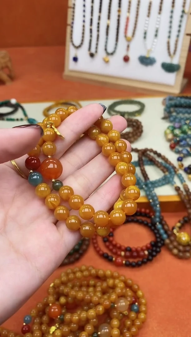 手链蜜蜡未镶嵌双圈蜜蜡和田南红手串