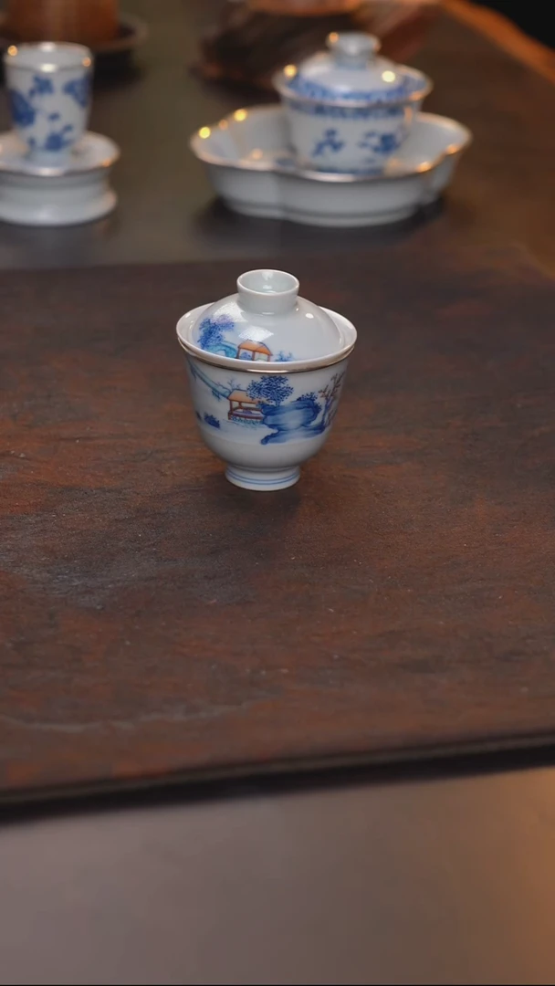 斗彩山水盖碗 杯子包银口