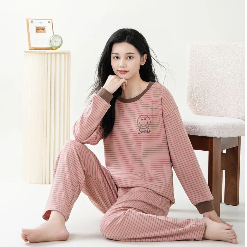 秋季女士纯棉带胸垫粉咖色条纹圆领套头长袖长裤家居服睡衣女套装