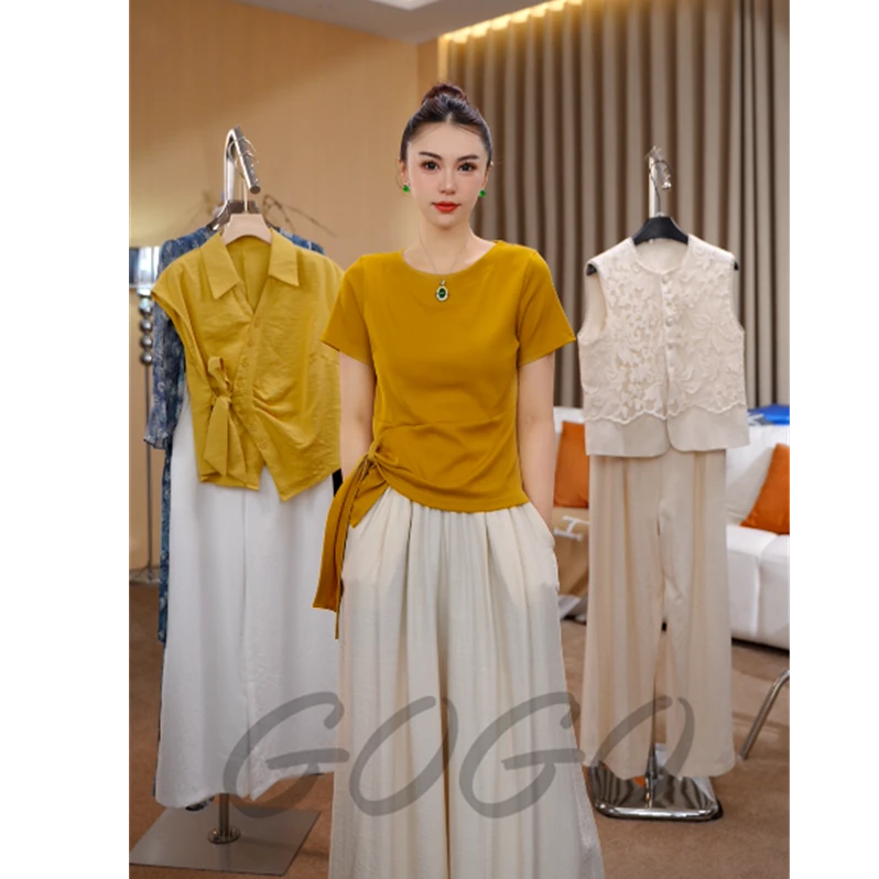 小精灵 G7119圆领不规则系带短袖T恤女2025夏季新款韩版上衣