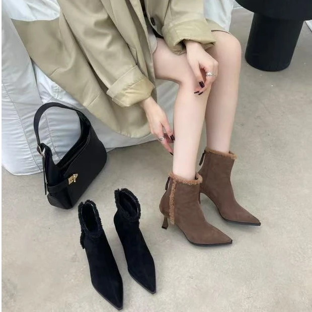 秋冬新款韩版通勤瘦瘦简约粗跟裸靴短靴72-8627(加绒)