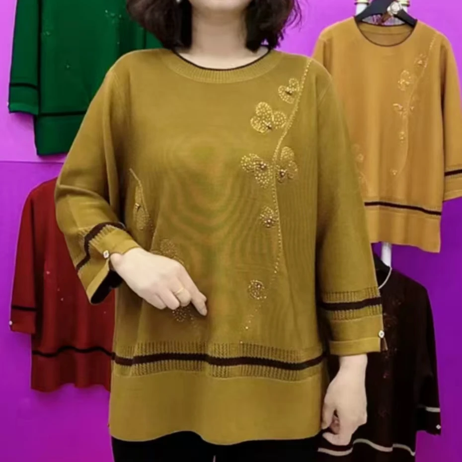 2025春秋时尚妈妈装圆领针织衫高档女士设计宽松遮肚子休闲毛衣