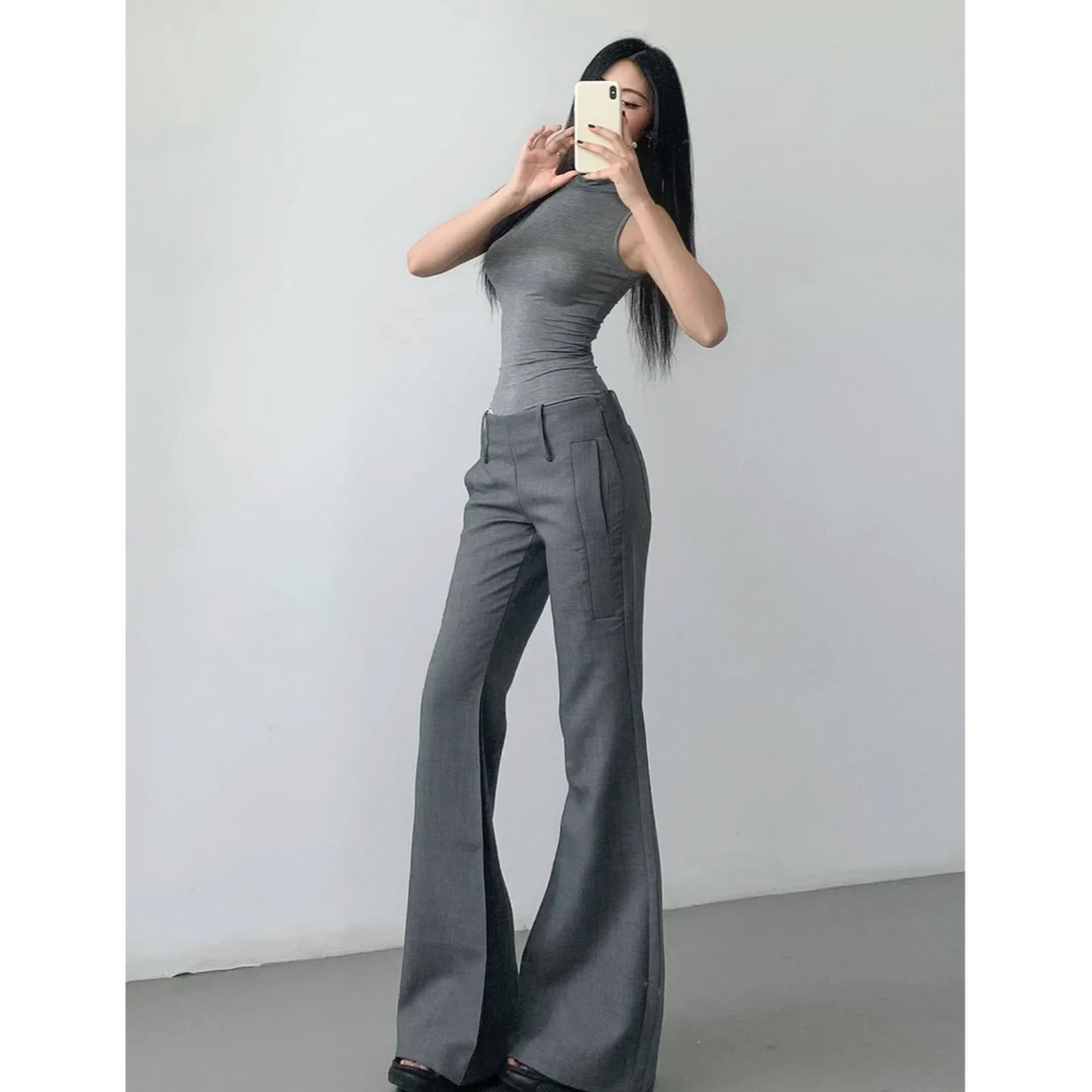 秋冬新款休闲裤女装黑色中腰垂感西装长裤显瘦微喇阔腿裤拖地裤子