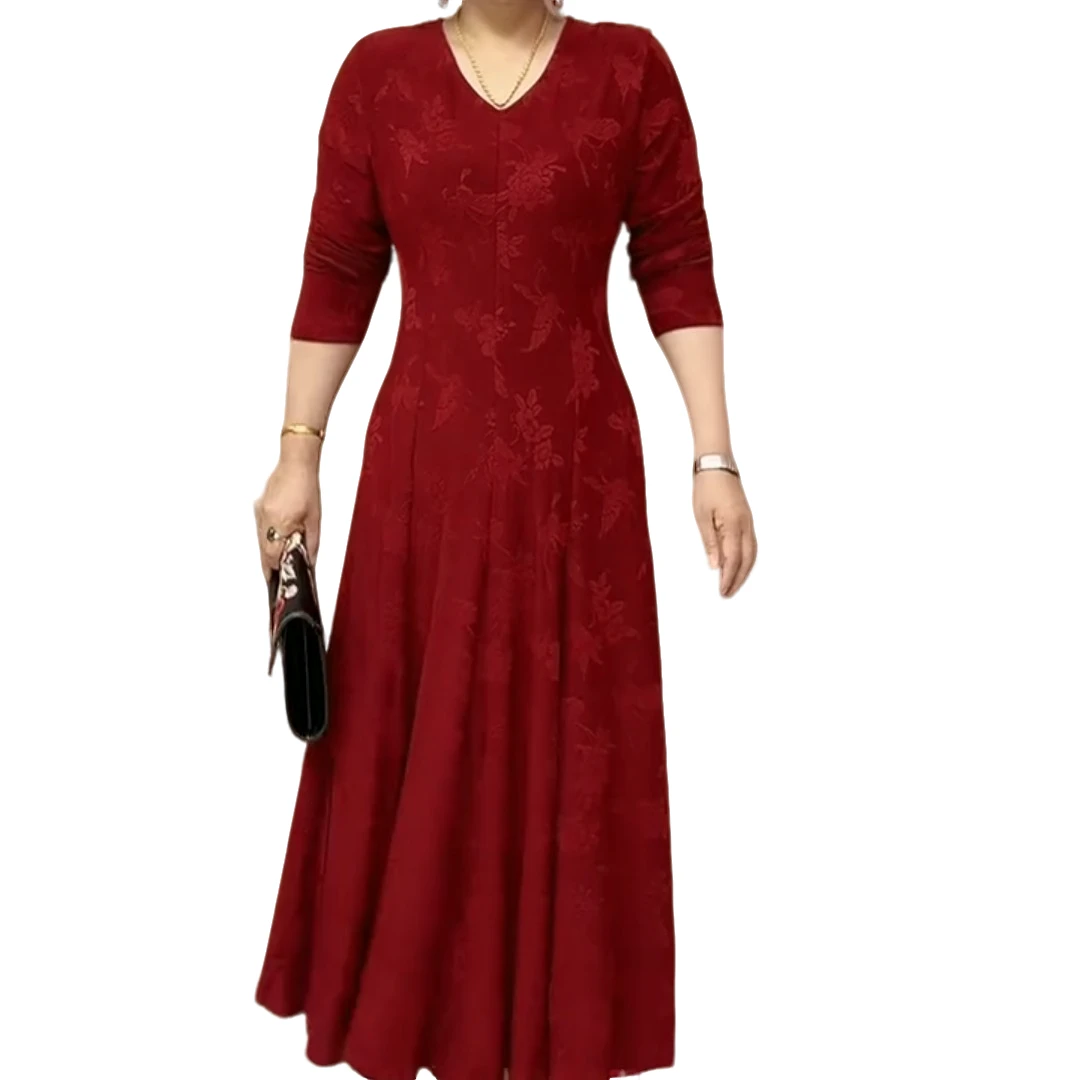 早秋新款修身显瘦立体雕花大裙摆中老年女性打底连衣裙