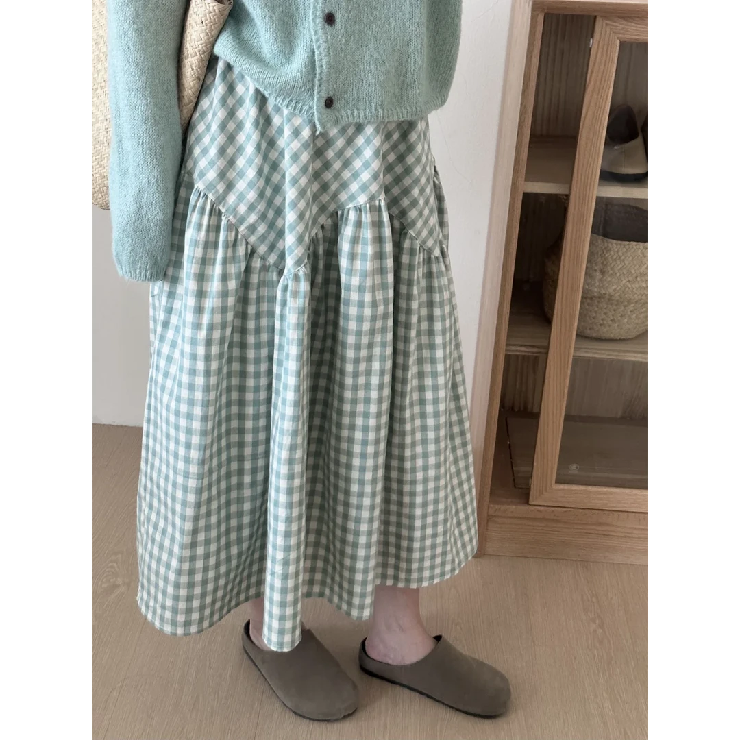 设计感高腰大摆A字裙半身裙春秋2025新款格子拼接大摆伞裙长裙