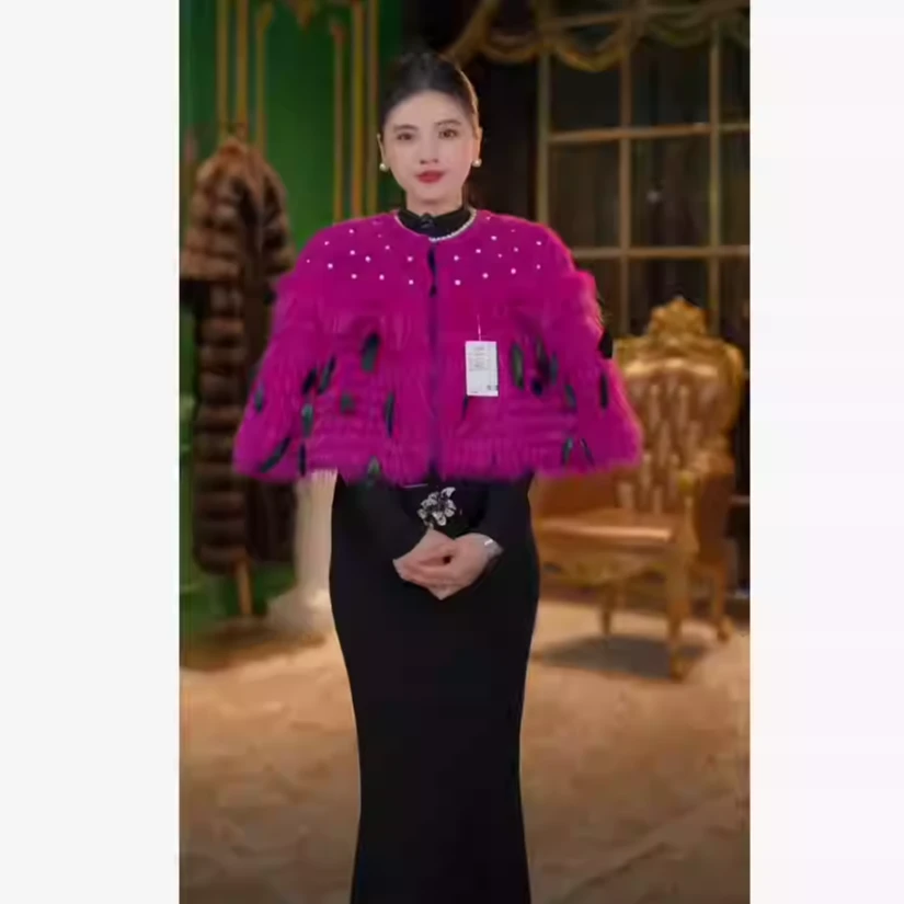 2025年冬季新款水貂披肩皮草外套S23383-3玫红