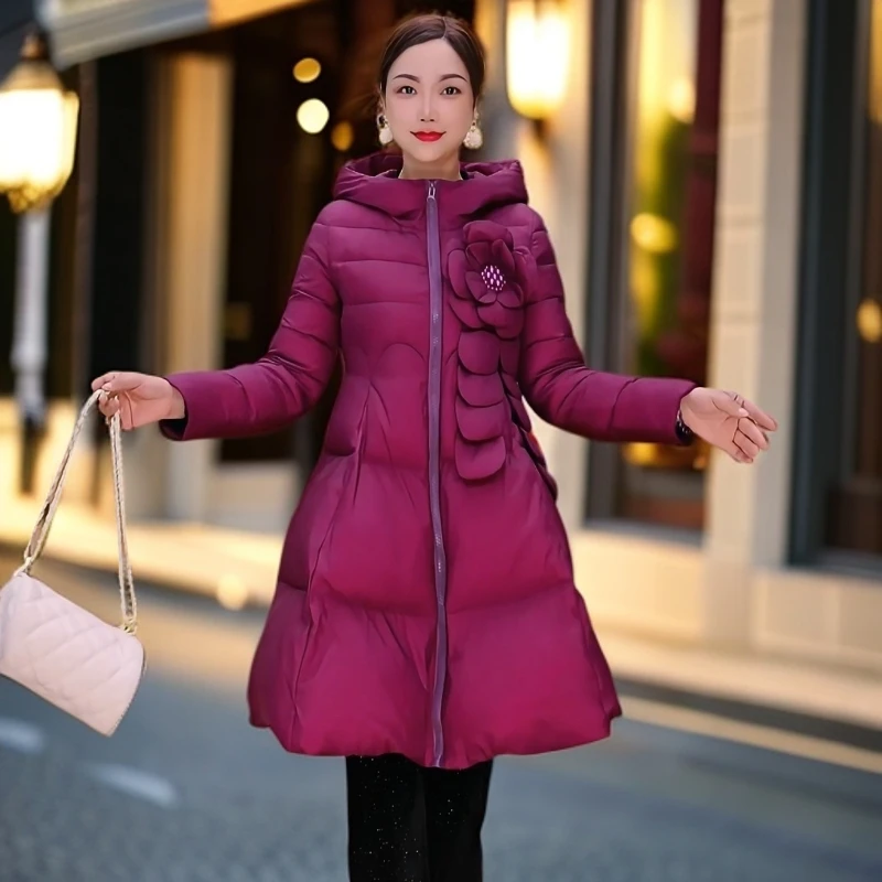 871南油高端90白鸭绒中长款女冬季时尚连帽玫红色羽绒服外套