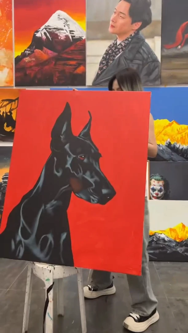 丙烯画大树老师杜宾犬加框