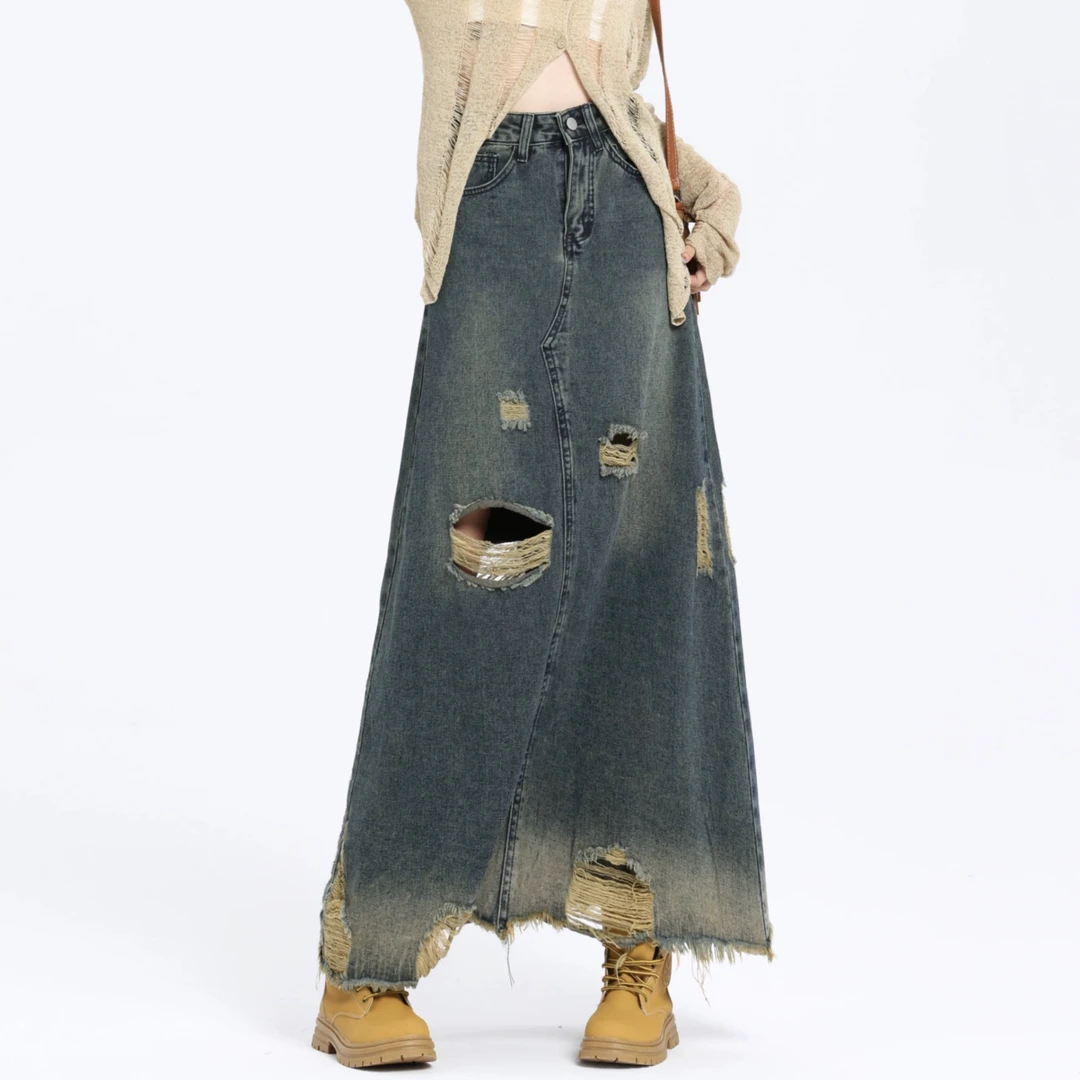 韩版牛仔裙春夏新款复古高腰鱼尾裙港风时尚工装裙小个子气质款