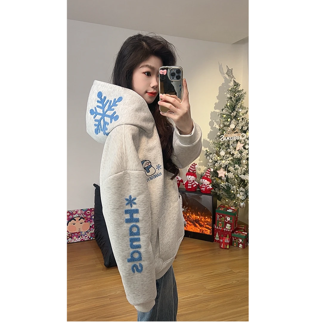 HandSeven美式圣诞小雪人重磅连帽卫衣秋冬雪花撞色情侣保暖上衣