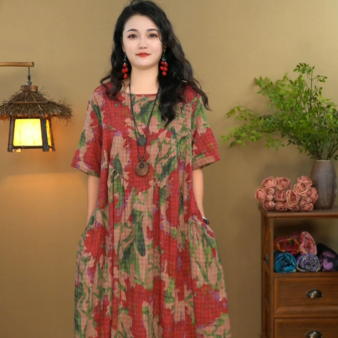 碎花复古港风夏季长裙优雅连衣裙休闲花色中式圆领宽松显瘦裙子