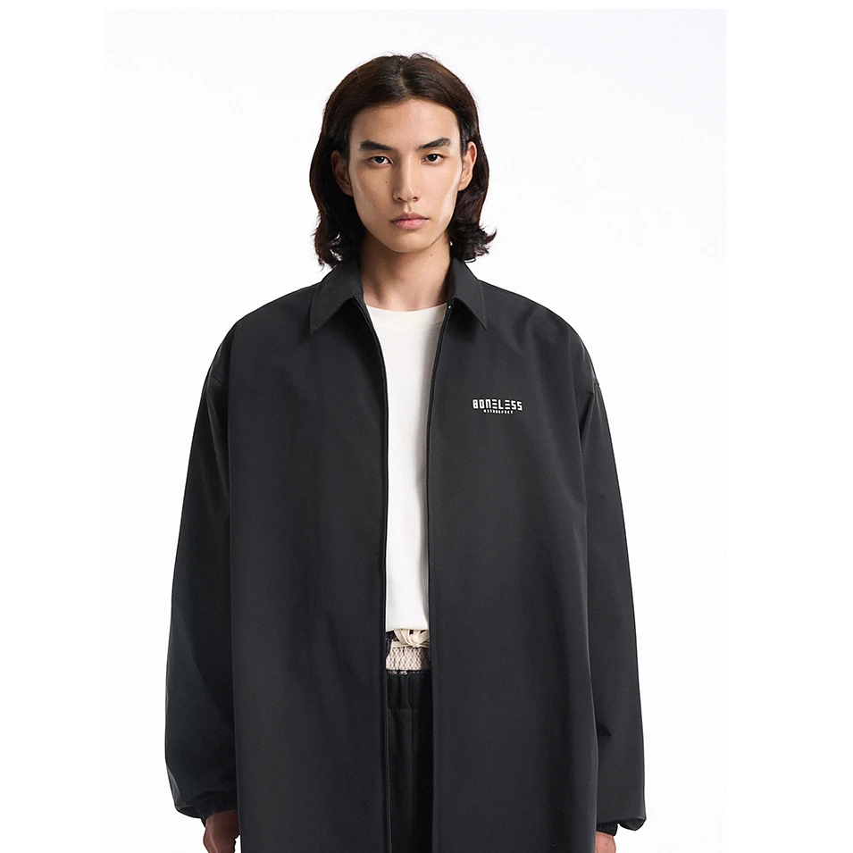 BONELESS尼龙双拉链中长款衬衫夹克简约翻领外套