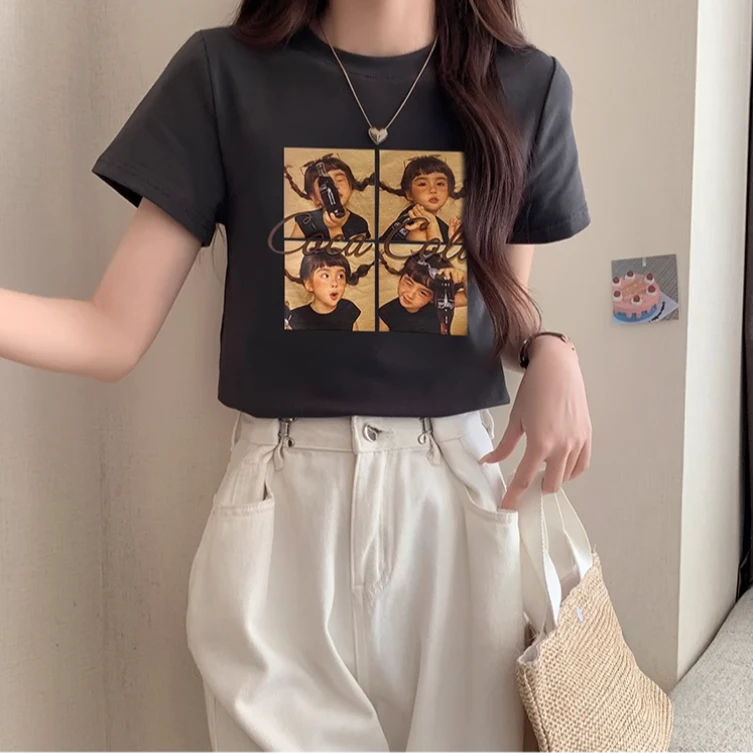 2025年夏季新款流行圆领短袖t恤女百搭高级感短款洋气宽松上衣