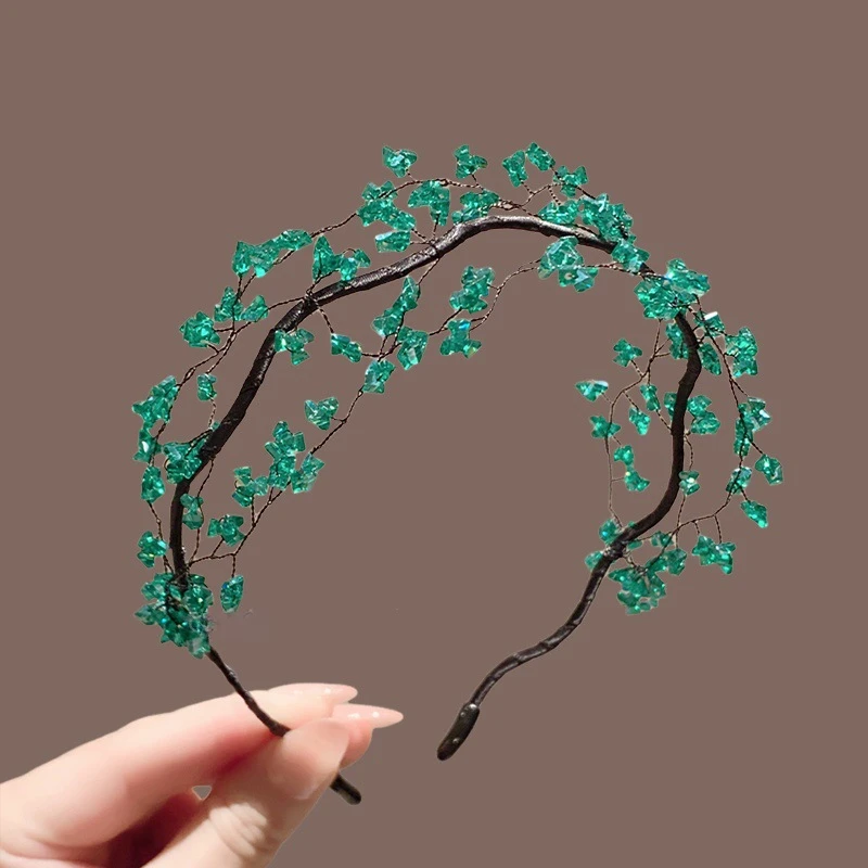 高级感精致压发头箍森系绿色水晶手工编织发箍唯美氛围感头饰女