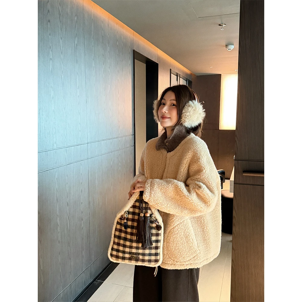 【唐悠悠mgdm】韩系圆领休闲鹿皮绒羊羔毛外套女秋冬宽松加厚夹克