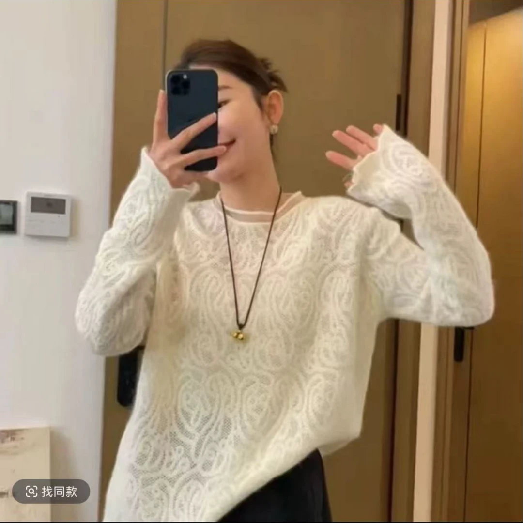 【zonefive】春秋季百搭蕾丝领针织提花套头女士打底衫