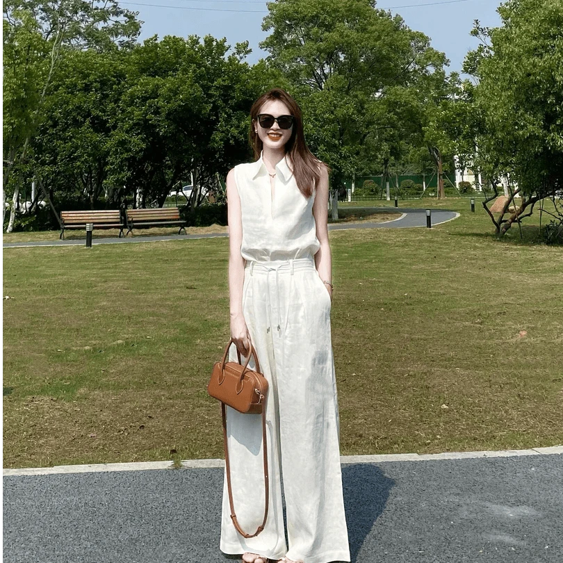 洋气衣服女夏季法式气质翻领无袖显瘦百搭无袖上衣高腰直筒休闲裤