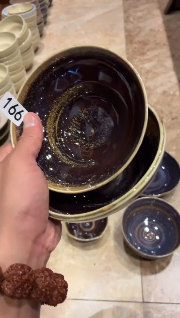 瓷片咸*七166，手工窑变紫斗笠碗