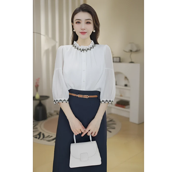 【春兰专属】8592709白色时尚衬衫小香风显瘦衬衣轻奢名媛衬衣