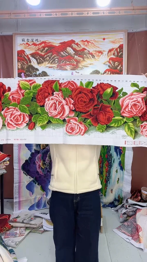 棉床头画玫瑰花语十字绣成品