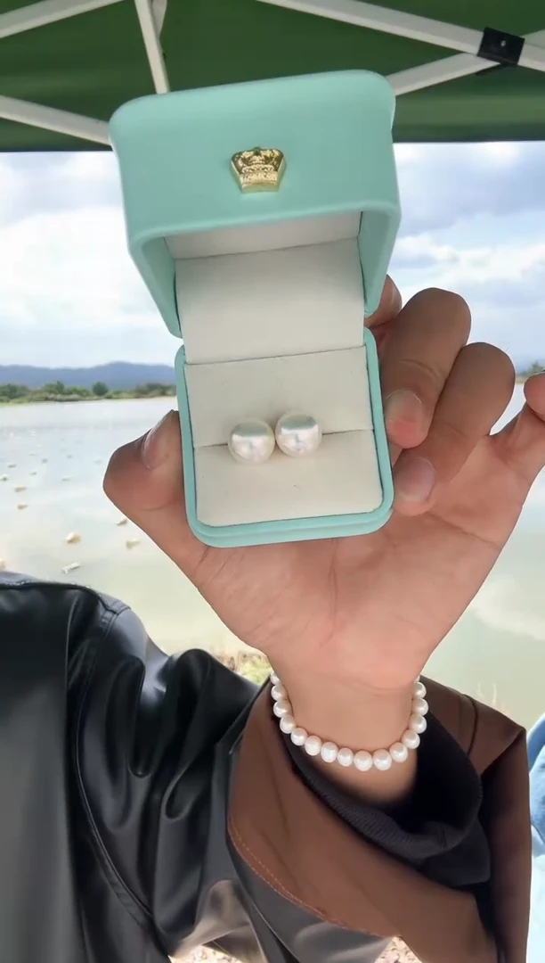 银S925镶嵌耳饰淡水珍珠11-12mm淡水珍珠耳钉