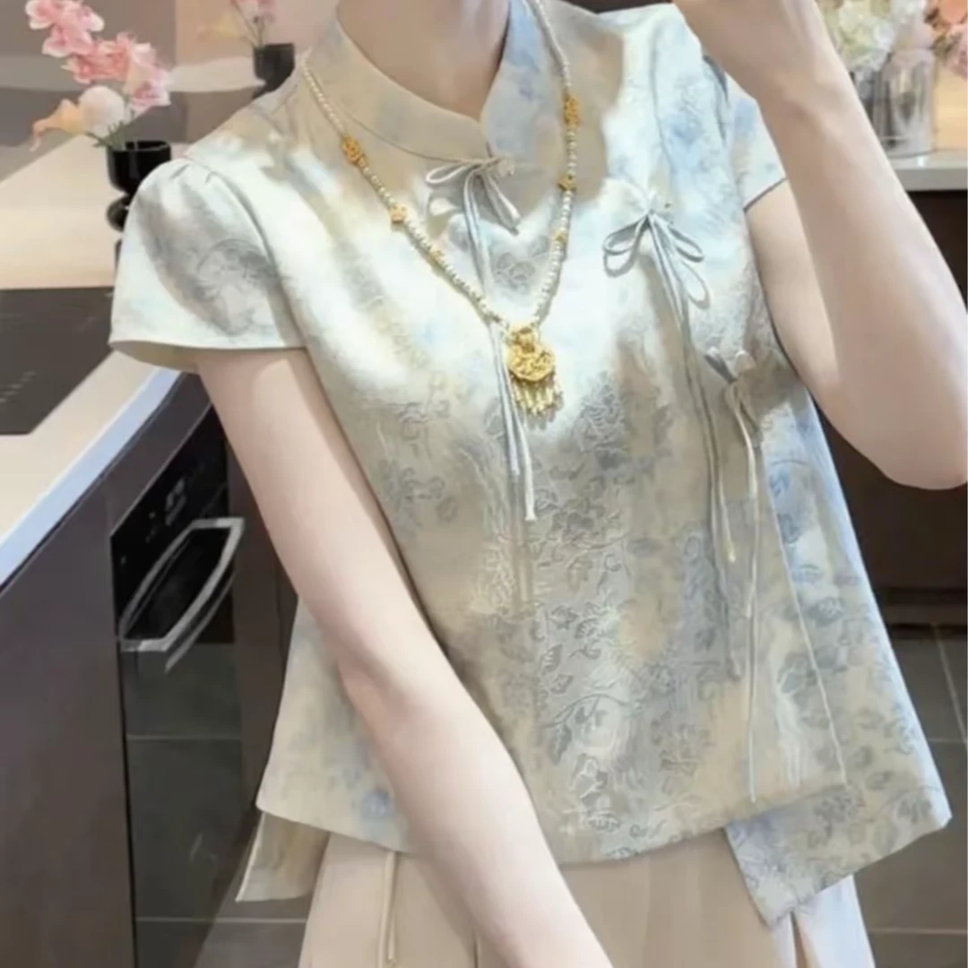 时尚中国风衬衫短袖气质短款夏季提花新中式民族风立领印花新中式